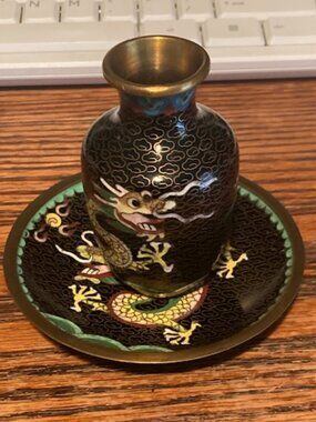 Vintage Cloisonné Dragon Vase + Matching Dish 🌟